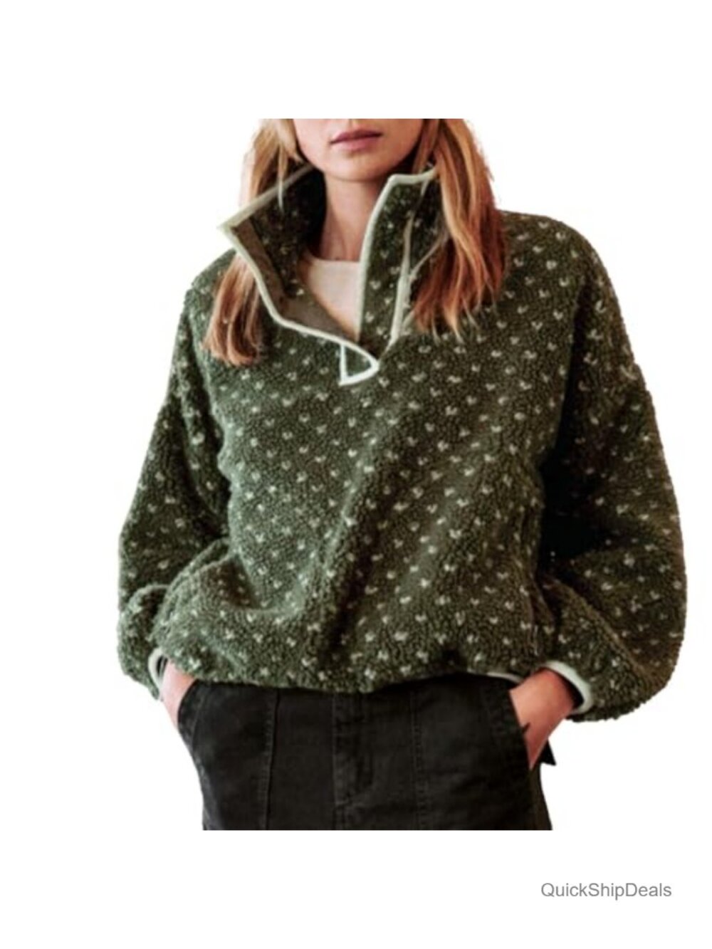Womens Fleece Half Zip Sherpa Pullover Sweatshirt Warm Long Sleeve with Pockets